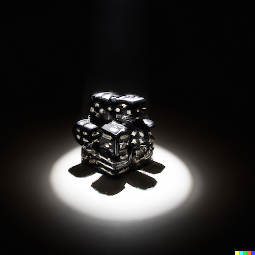 A dark environment with a spotlight on 27 dice forming a larger cube